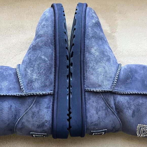 UGG Classic Short Swarovski Crystal Bow Boot Blue Suede Women 6 Sheepskin Cozy - Picture 5 of 16